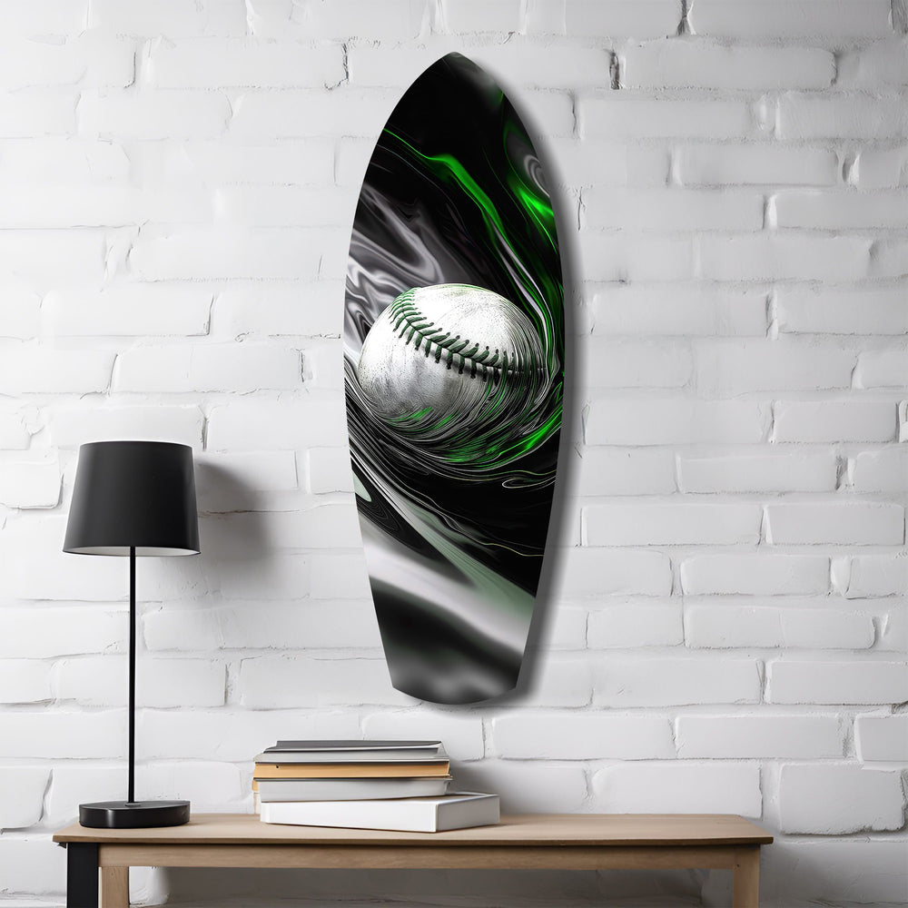 Baseball Liquid Swirl Black Green Glass Wall Art.