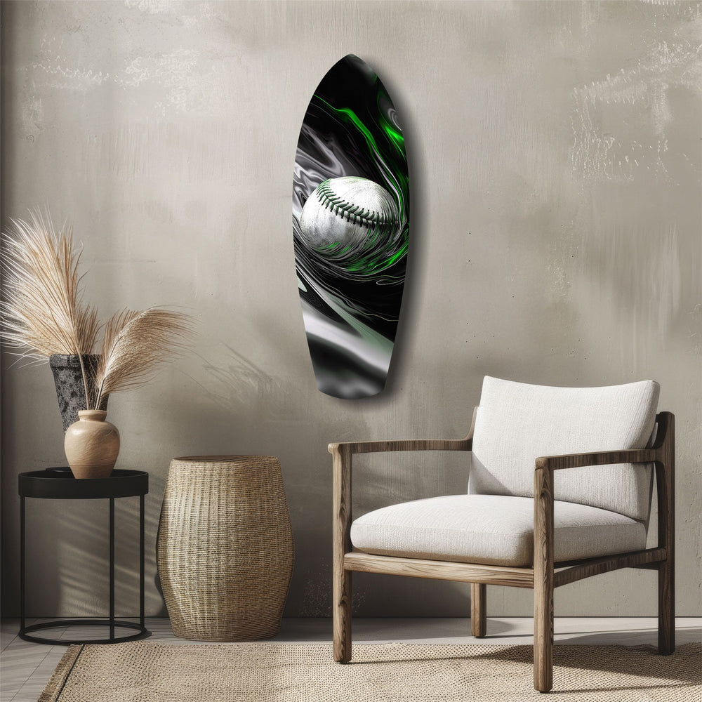 Baseball Liquid Swirl Black Green Glass Wall Art.