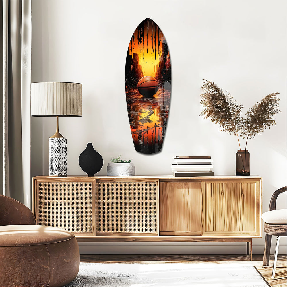 Basketball Sunset Cityscape Drip Glass Wall Art.