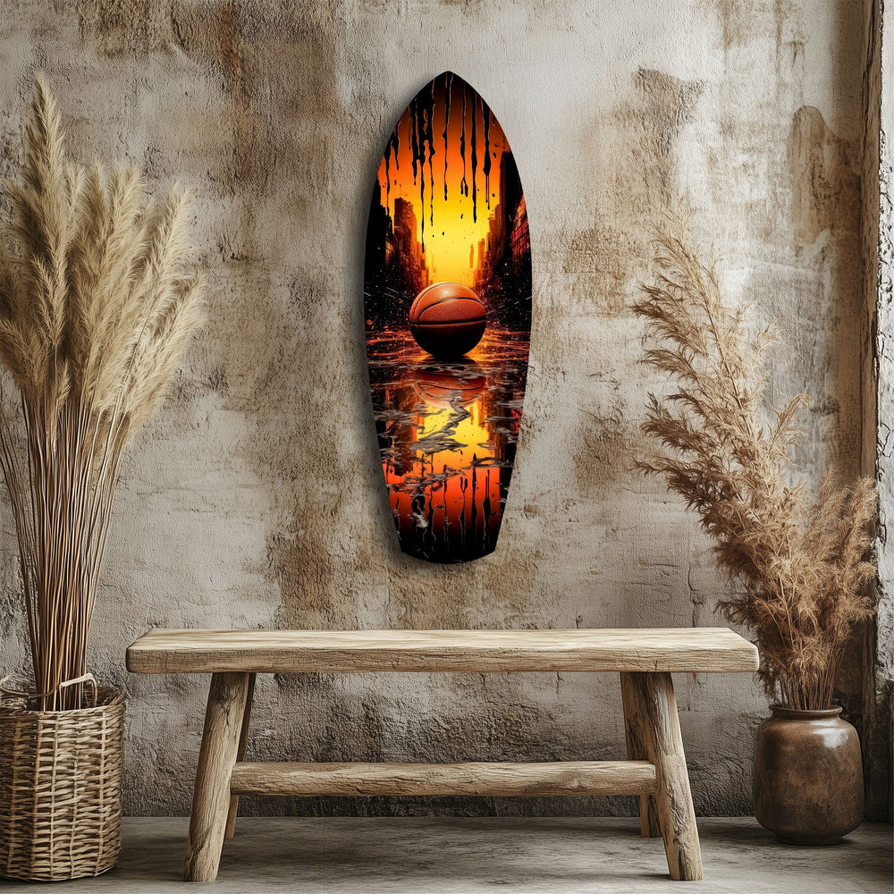 Basketball Sunset Cityscape Drip Glass Wall Art.