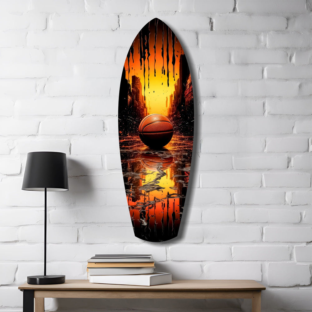 Basketball Sunset Cityscape Drip Glass Wall Art.