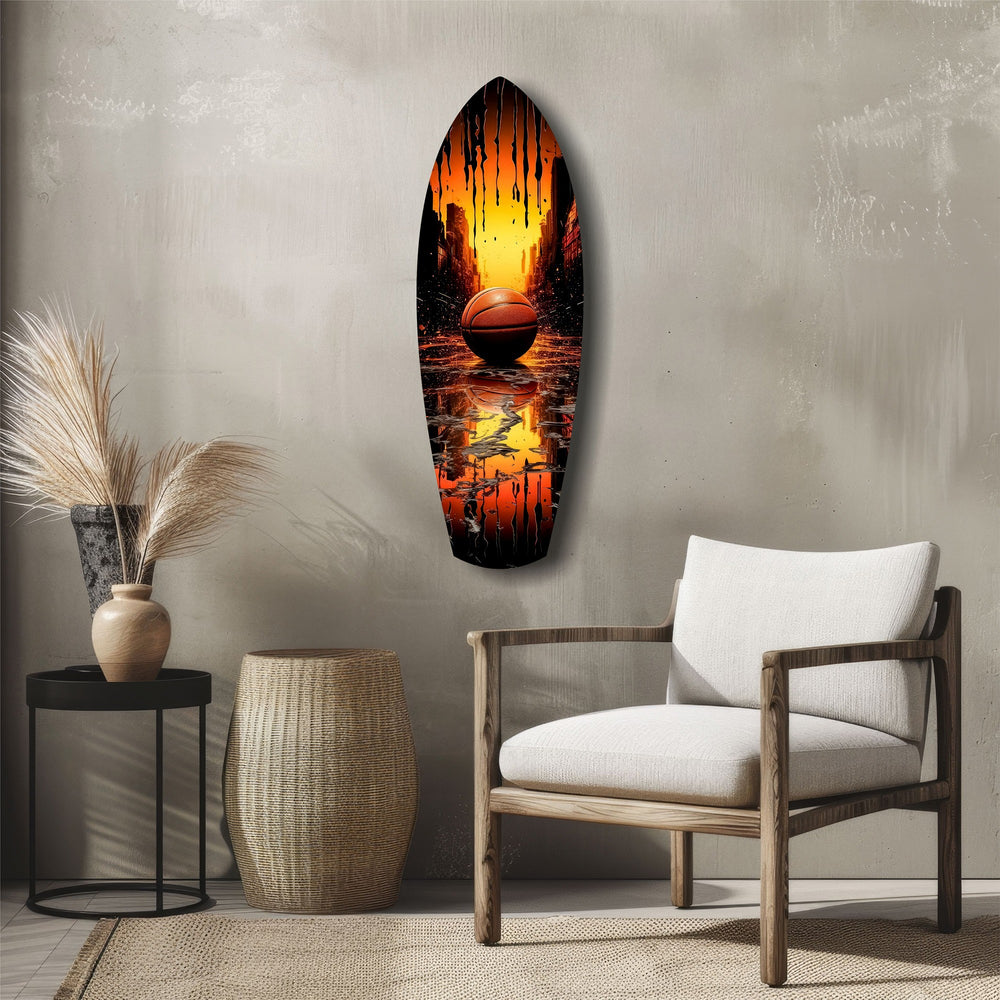 Basketball Sunset Cityscape Drip Glass Wall Art.