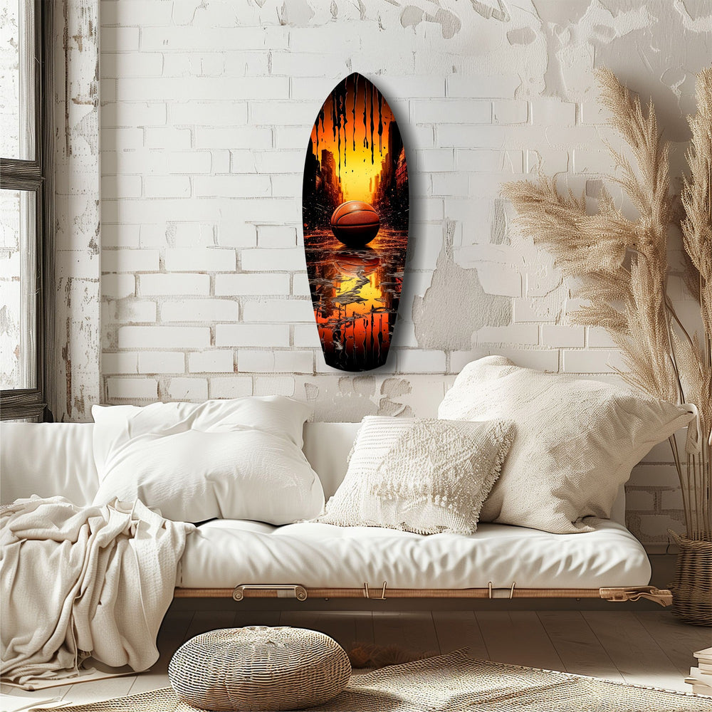 Basketball Sunset Cityscape Drip Glass Wall Art.