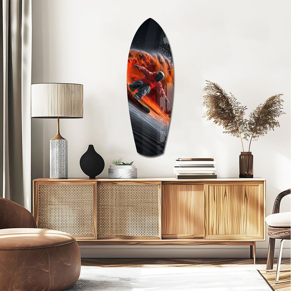Snowboarder Fire Trail Adrenaline Glass Wall Art.