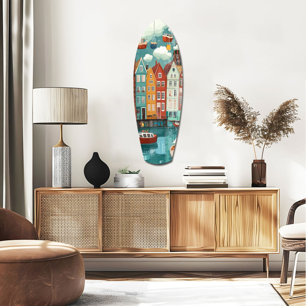 Cute Coastal Village Glass Wall Art.