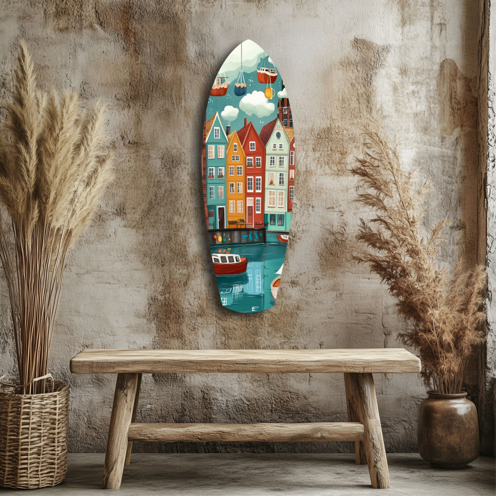 Cute Coastal Village Glass Wall Art.