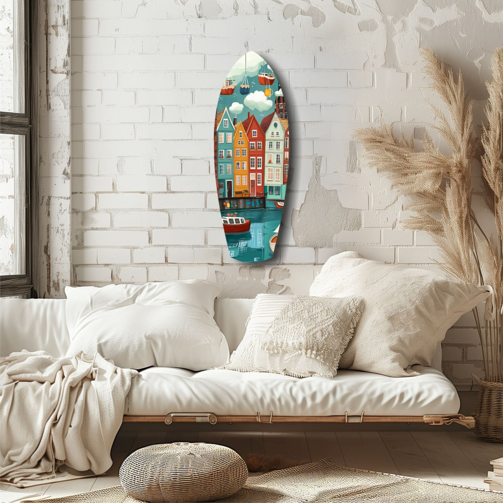 Cute Coastal Village Glass Wall Art.