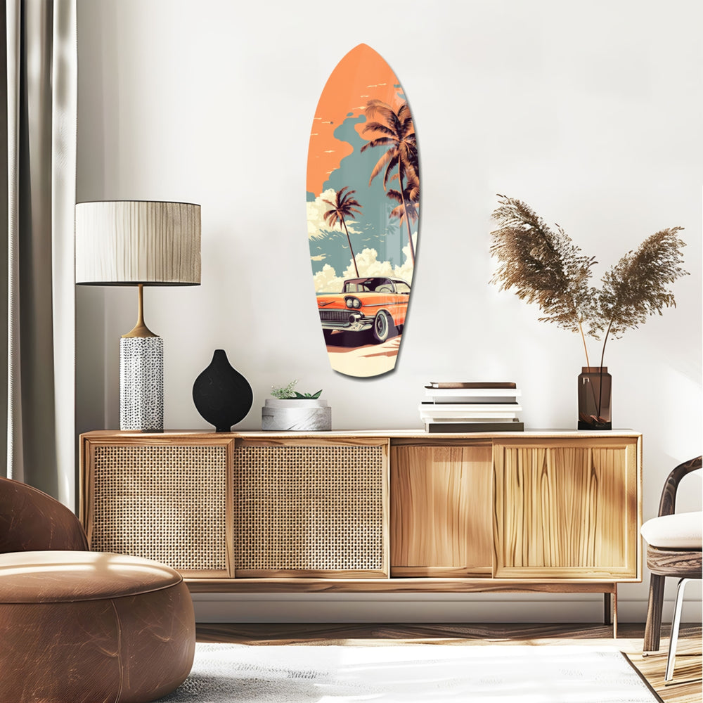 Sunset Ride 60s Vibes Glass Wall Art.