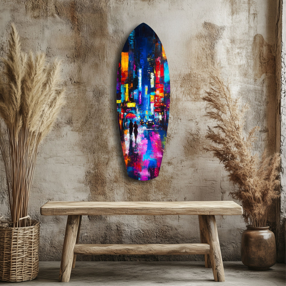 Under the City Glow A Love in the Rain Glass Wall Art.