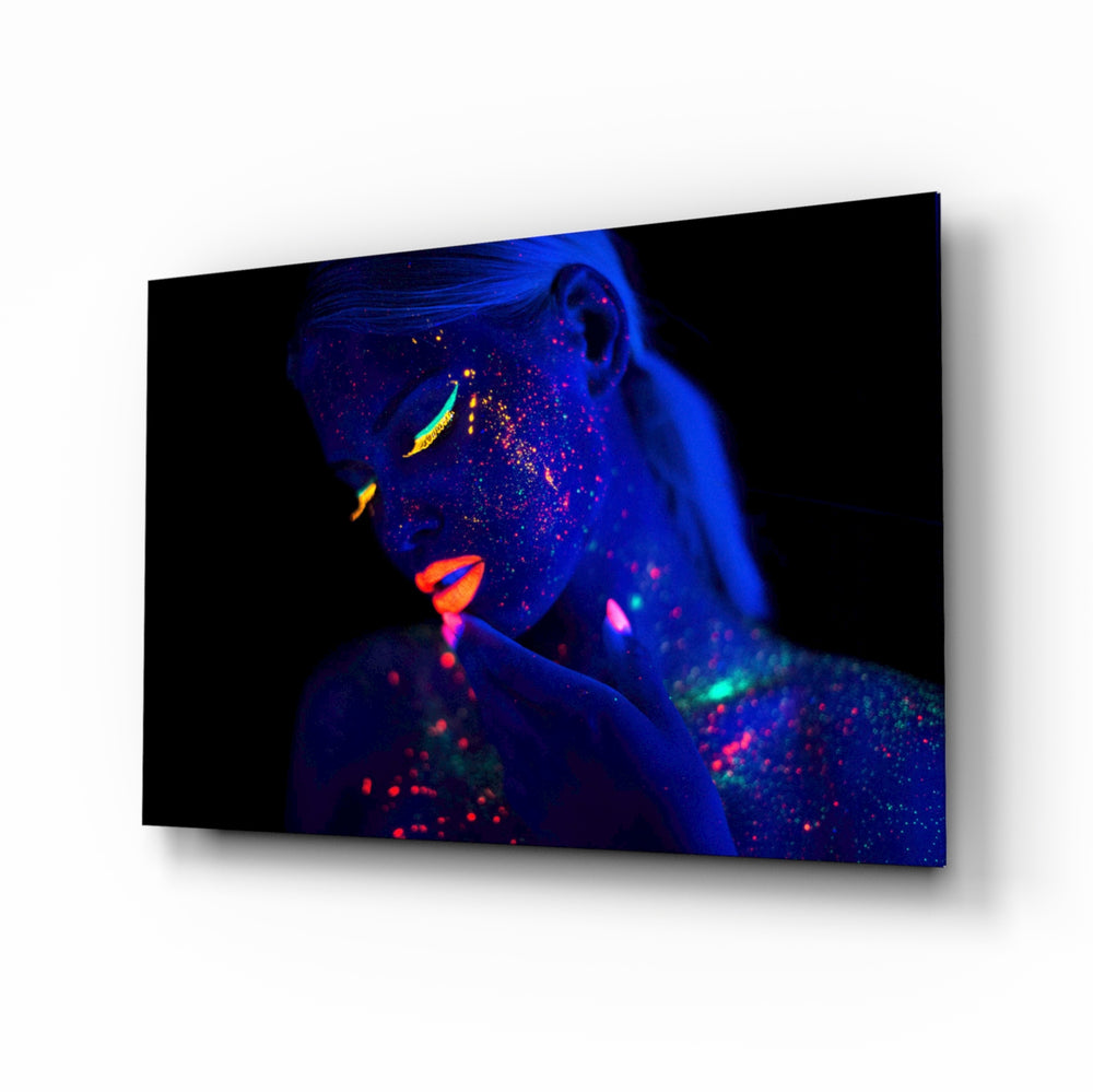 Woman Portrait 29 glass wall art displayed above a console in a designer interior