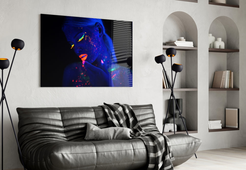 Woman Portrait 29 glass wall art styled above a bed in a night-sky bedroom