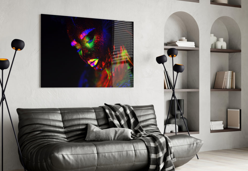 Female Portrait 30 glass wall art styled above a bed in a night-sky bedroom