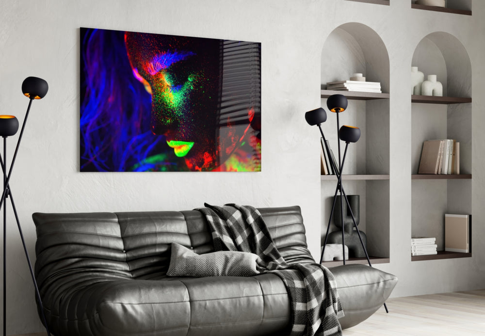 Woman Portrait 31 glass wall art styled above a bed in a club-mood bedroom
