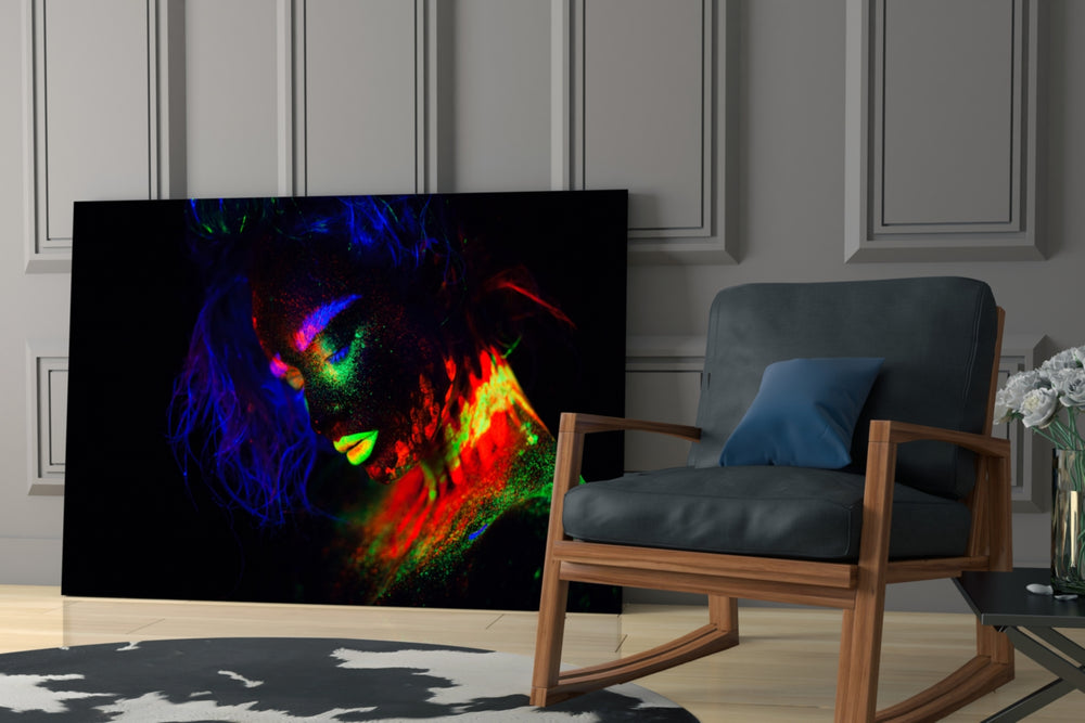 Female Portrait 32 glass print enhancing a hallway with electric edge