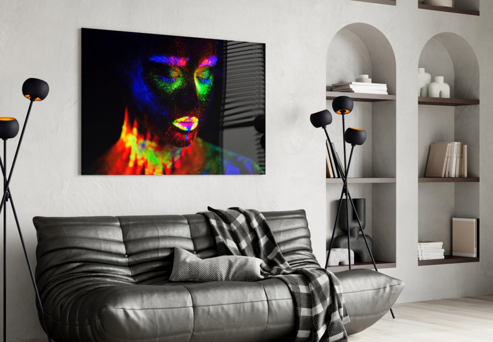 Female Portrait 33 glass wall art styled above a bed in a night-sky bedroom