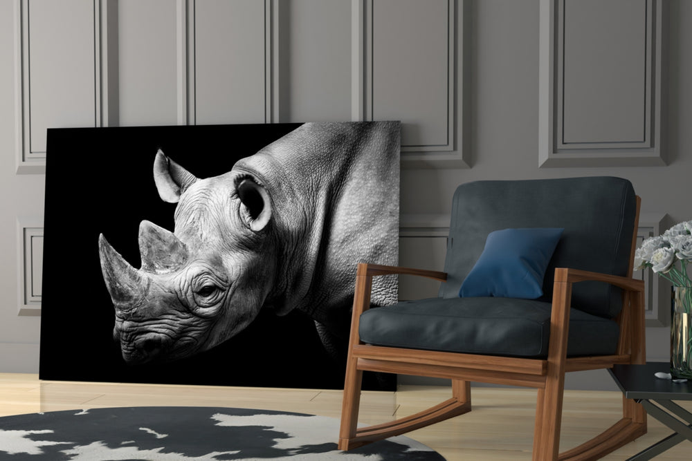 Rhino glass print enhancing a hallway with steady gaze