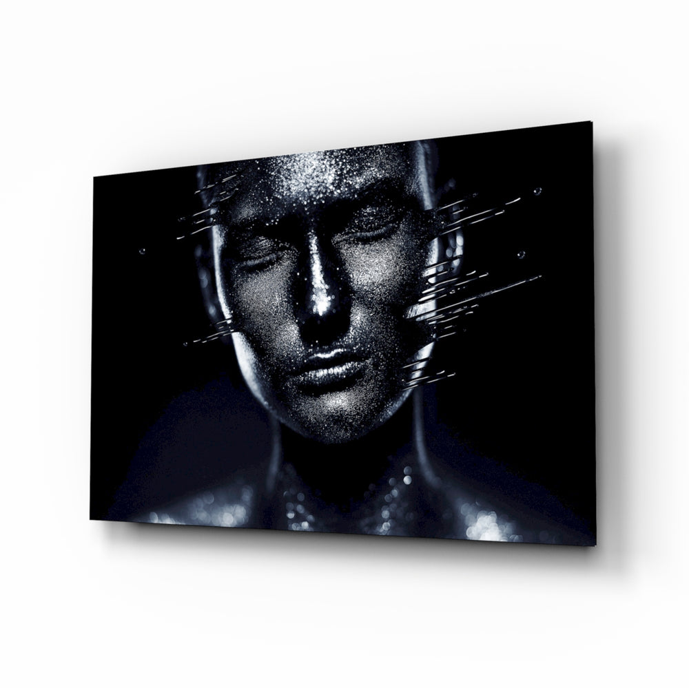 Female Portrait 35 glass wall art displayed above a console in a designer interior