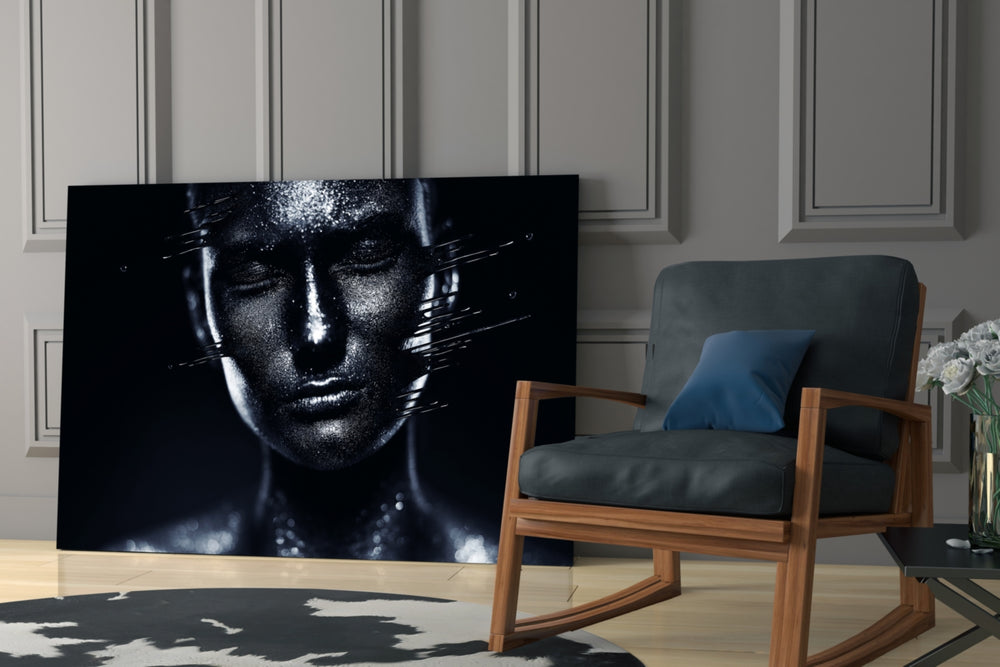 Female Portrait 35 glass print enhancing a dressing area with avant-garde grace