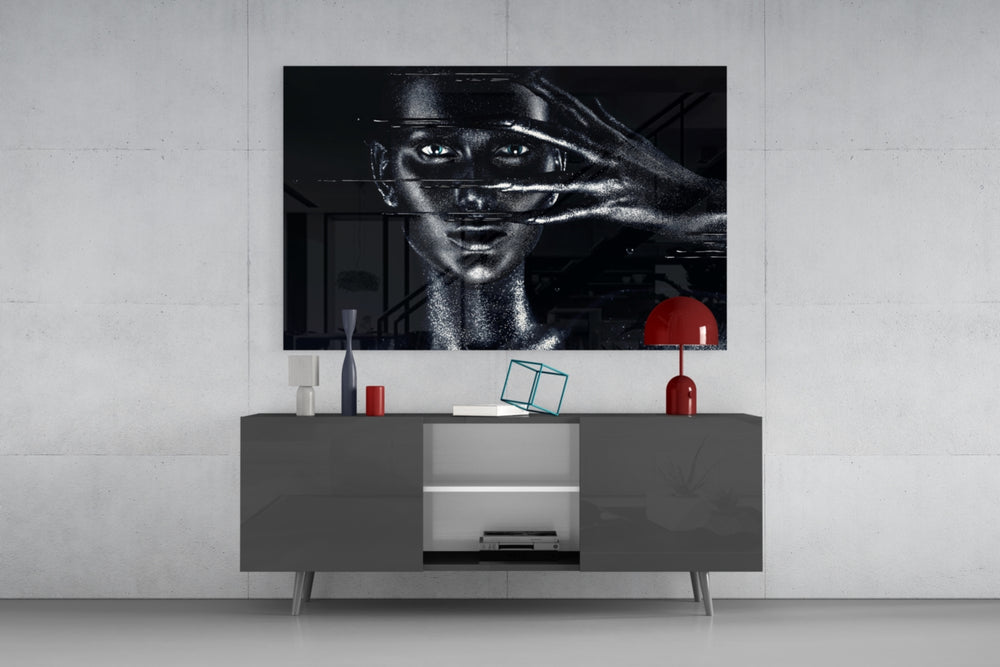 Female Portrait 36 panel catching low light to reveal its silver sparkle
