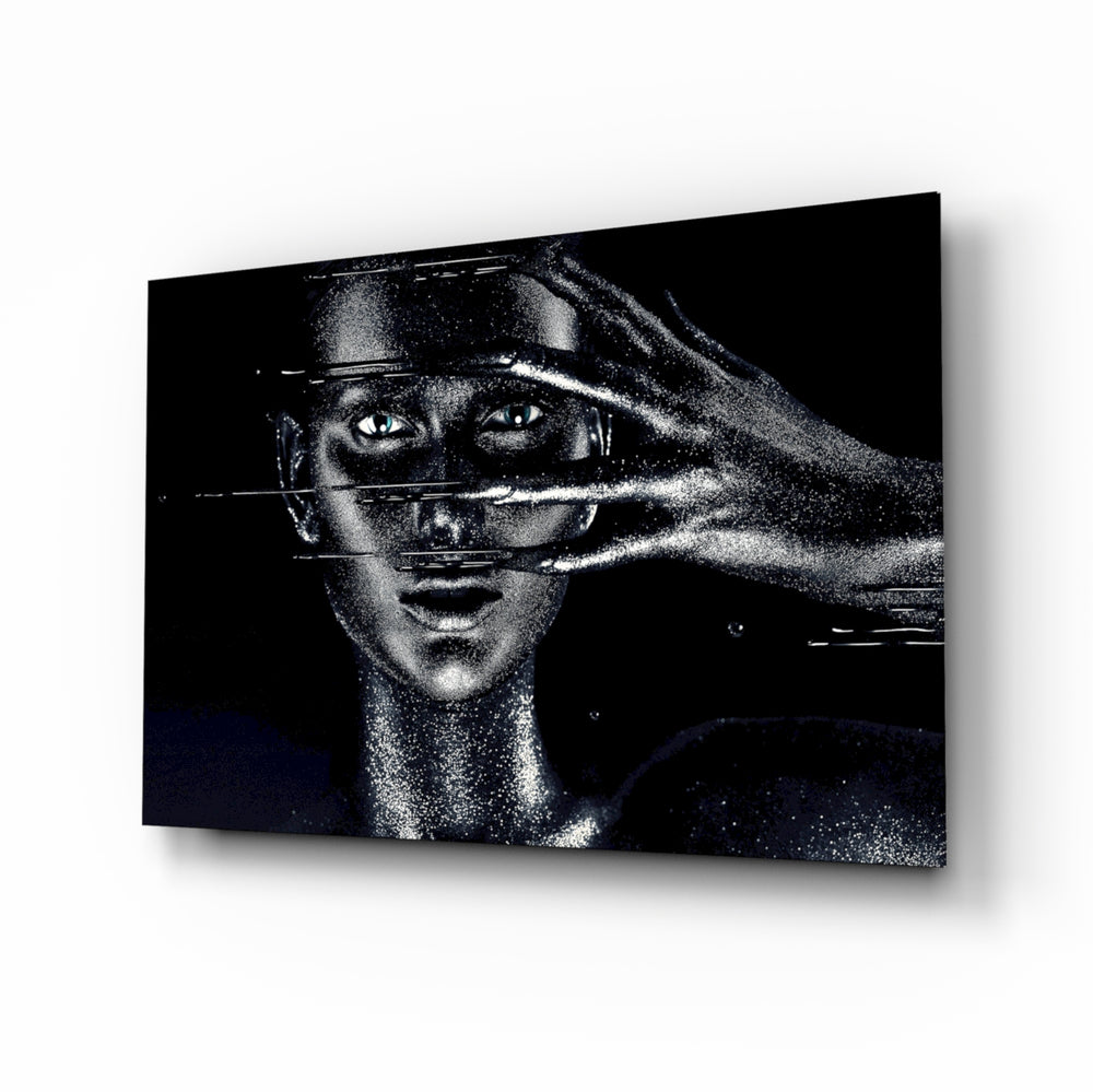 Female Portrait 36 glass wall art displayed above a console in a designer interior