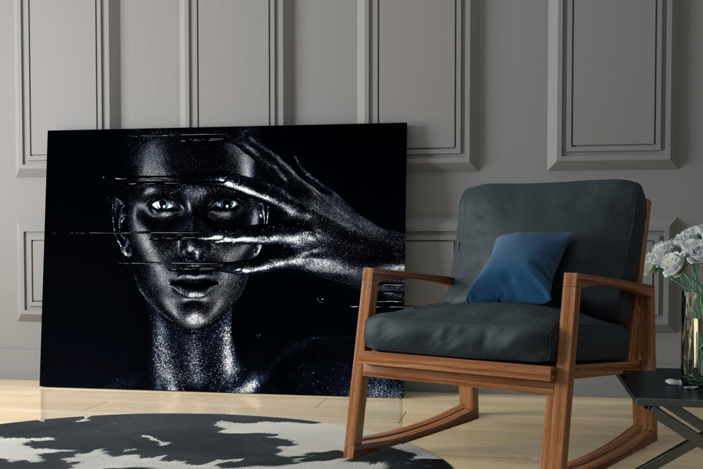 Female Portrait 36 glass print enhancing a dressing area with avant-garde grace