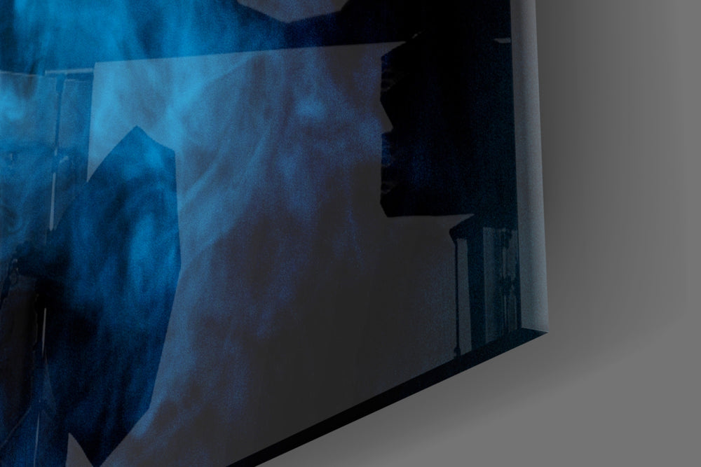 Blue Smoke artwork anchoring a hallway with cool palette