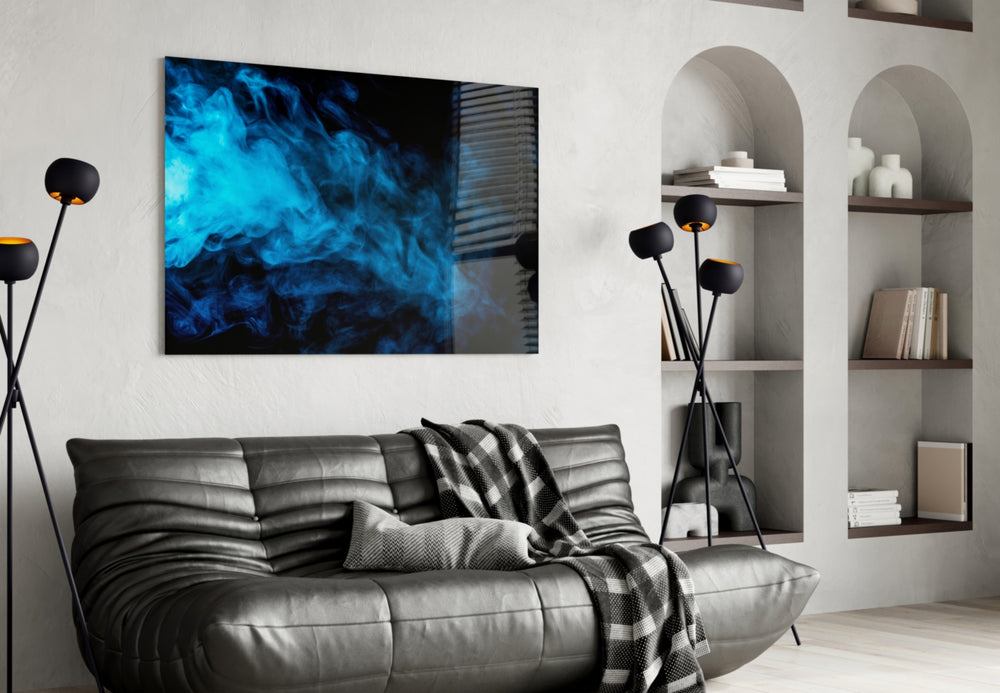 Blue Smoke glass wall art styled above a bed in a serene bedroom