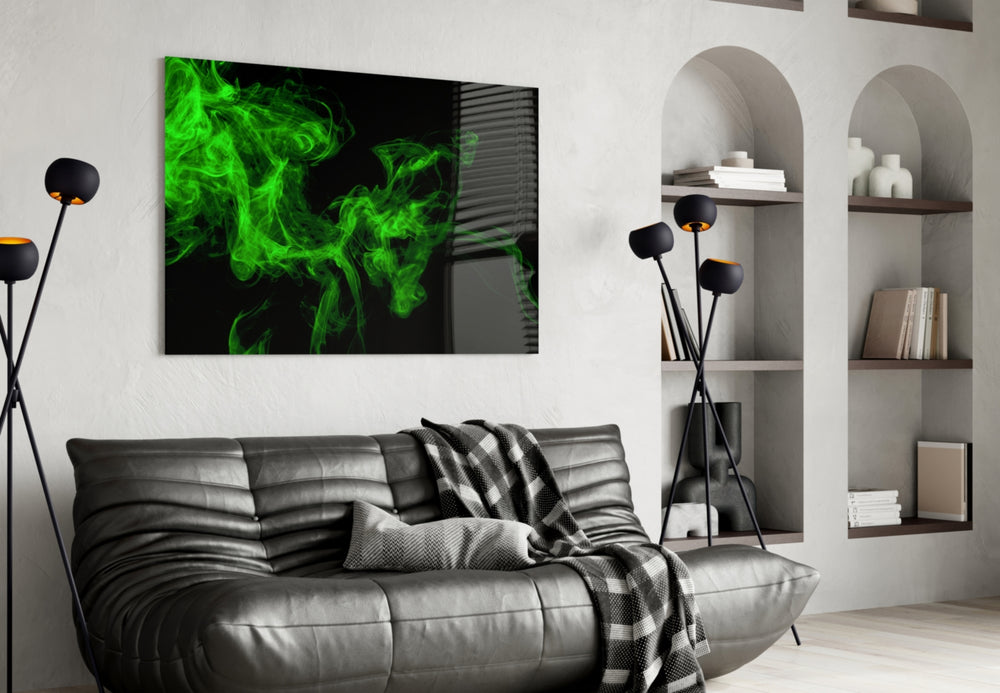 Green Smoke glass wall art styled in a creative studio