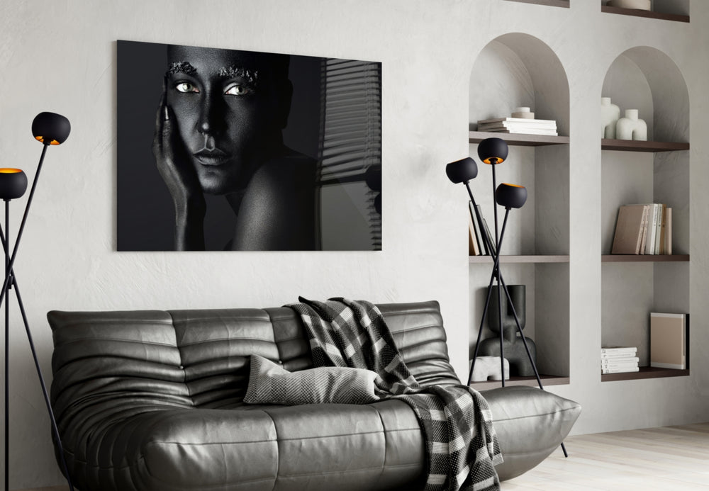 Woman Portrait 37 glass wall art styled above a bed in an introspective bedroom
