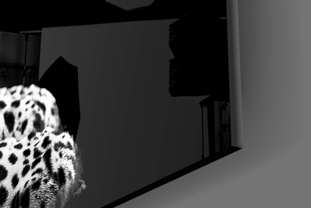 Leopard artwork anchoring a library with monochrome palette