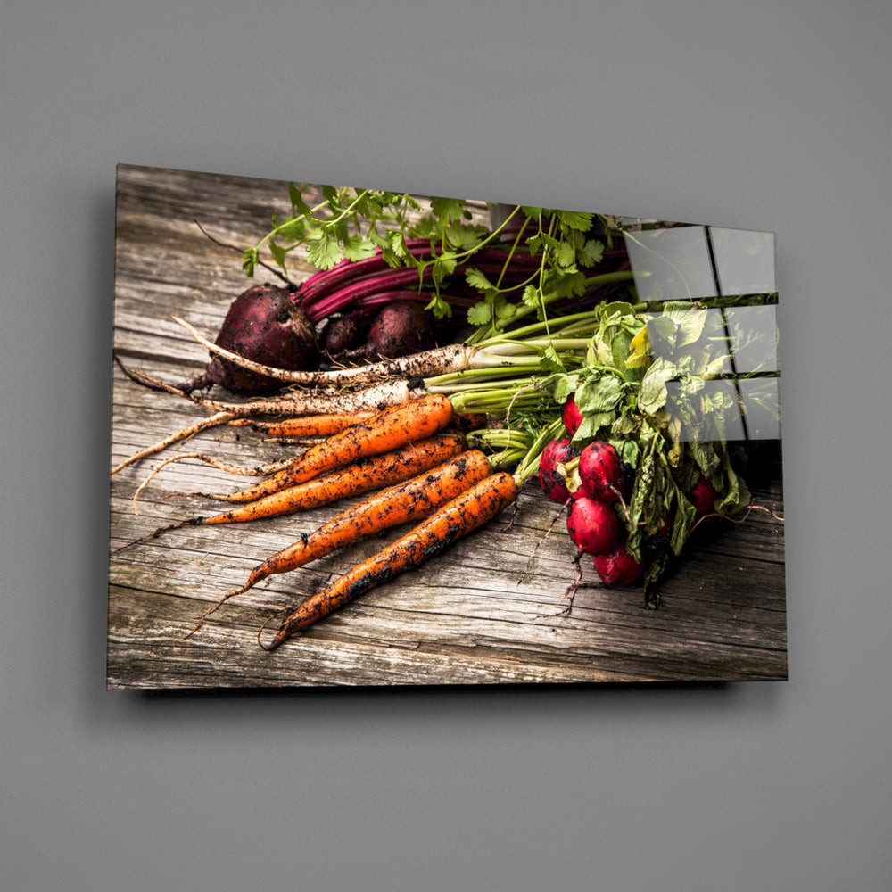 Farm vegetable panel bringing kitchen warmth to a contemporary living space