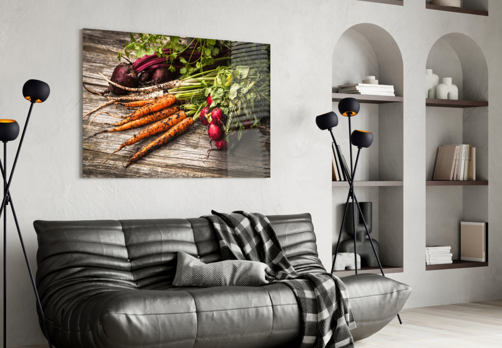 Carrot and Radish glass wall art styled in a farmhouse-mood kitchen