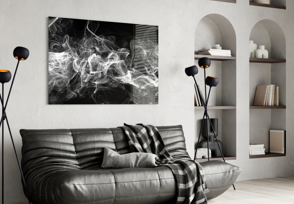 White Smoke glass wall art styled above a bed in a serene bedroom