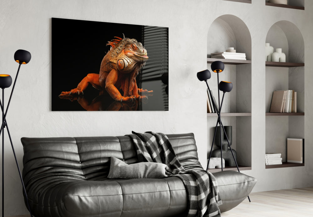 Komodo Dragon glass wall art styled above a desk in an explorer-taste study