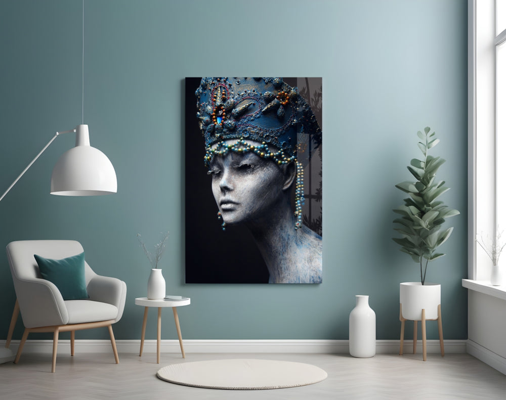 Woman Portrait 38 glass wall art styled above a bed in a regal bedroom