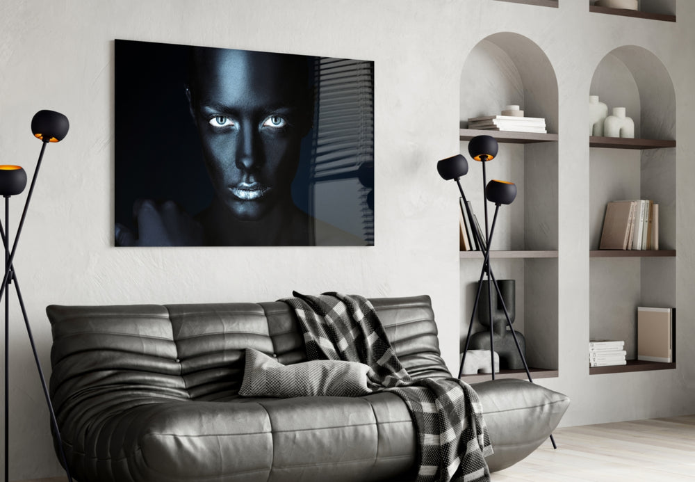 Woman Portrait 39 glass wall art styled above a bed in an introspective bedroom