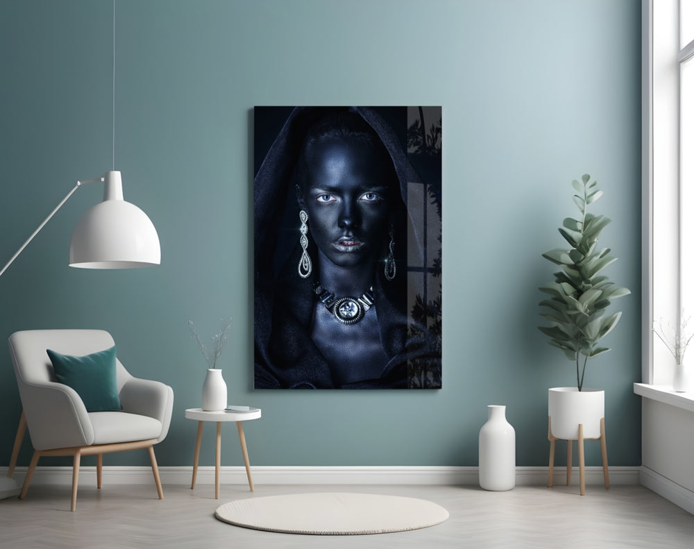 Woman Portrait 40 glass wall art styled above a bed in a nocturnal bedroom