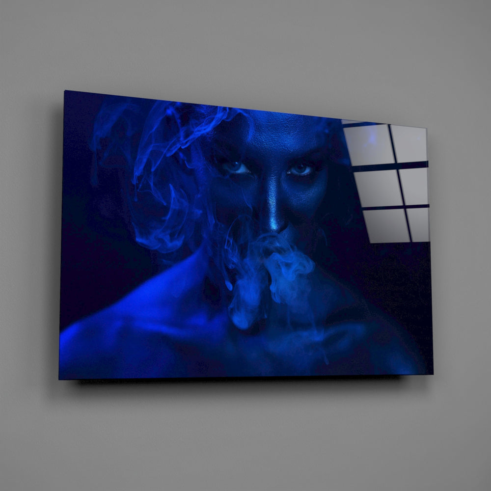 Blue body-paint portrait bringing editorial mystery to a contemporary living space