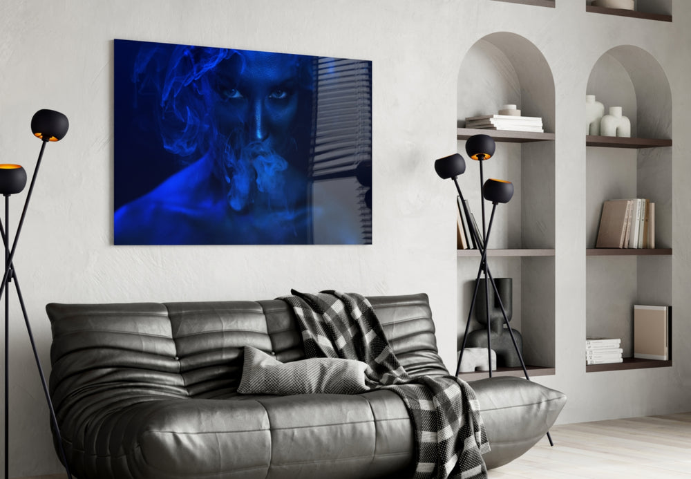 Smoke and Woman glass wall art styled in a moody lounge