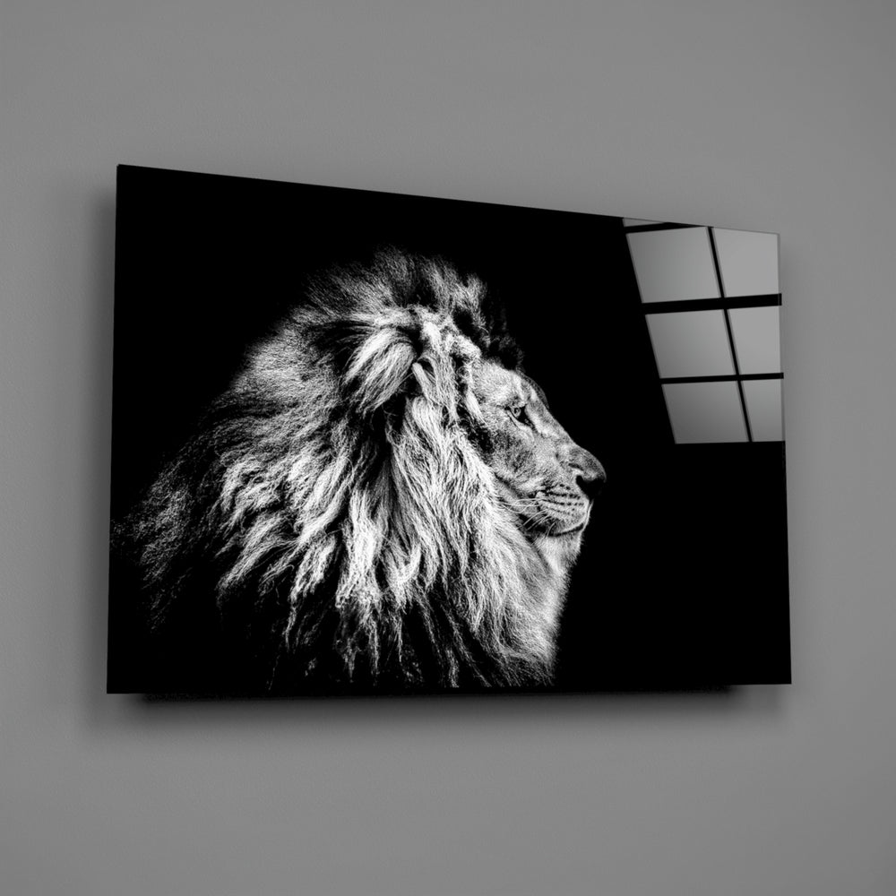 Black-and-white lion panel bringing regal calm to a contemporary living space