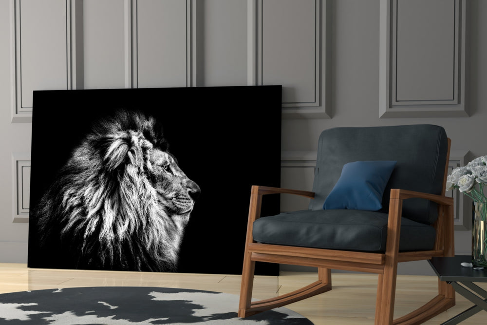Lion glass print enhancing a hallway with sovereign gaze