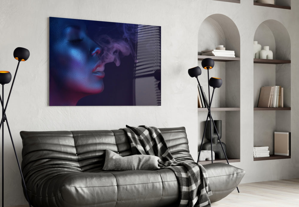 Smoke and Woman glass wall art styled above a bed in an intimate bedroom