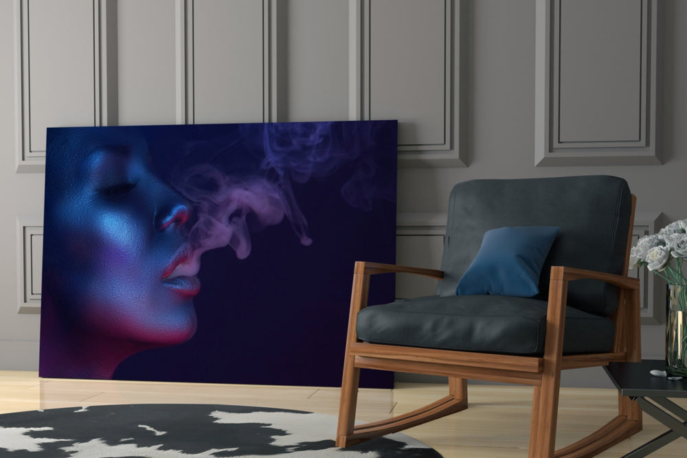 Smoke and Woman glass print enhancing a creative studio with editorial pulse
