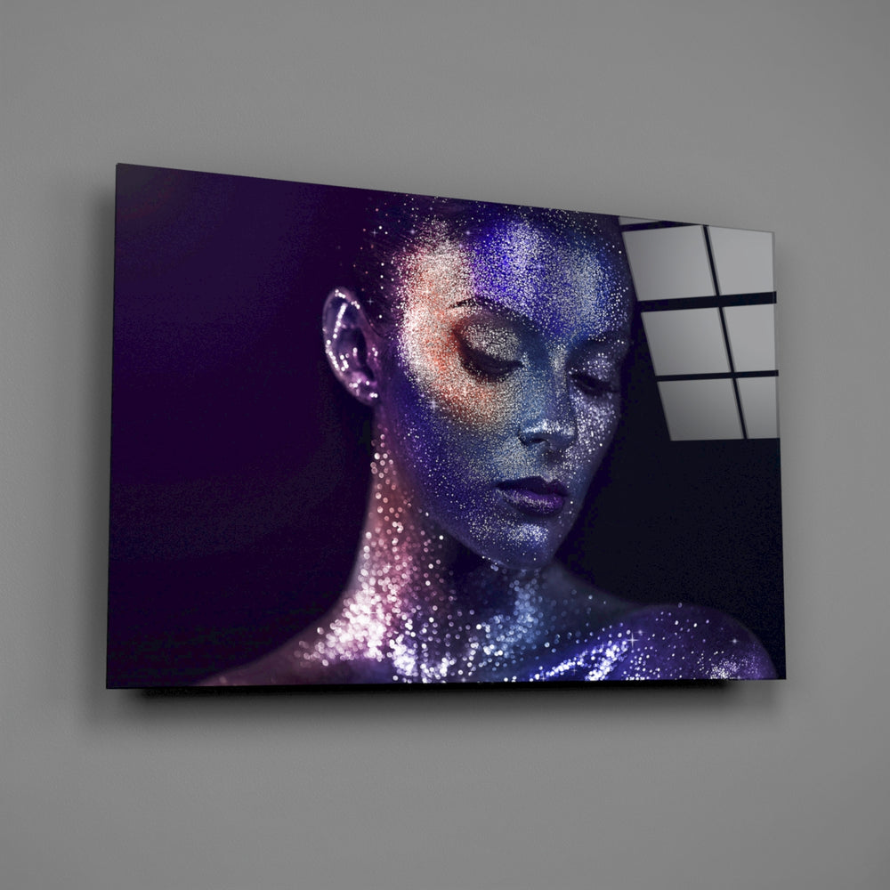 Woman Portrait 42 glass panel with cosmic violet tones in a contemporary living space