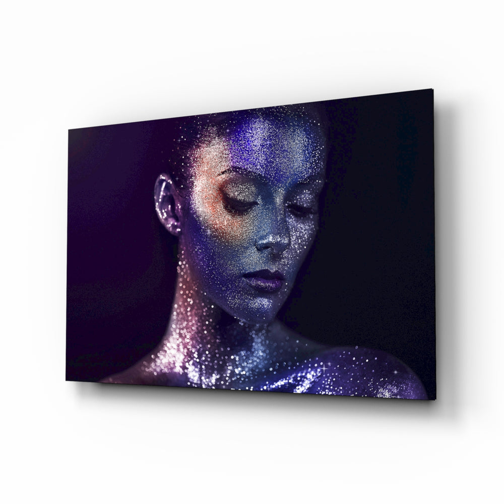Woman Portrait 42 glass wall art displayed above a console in a designer interior