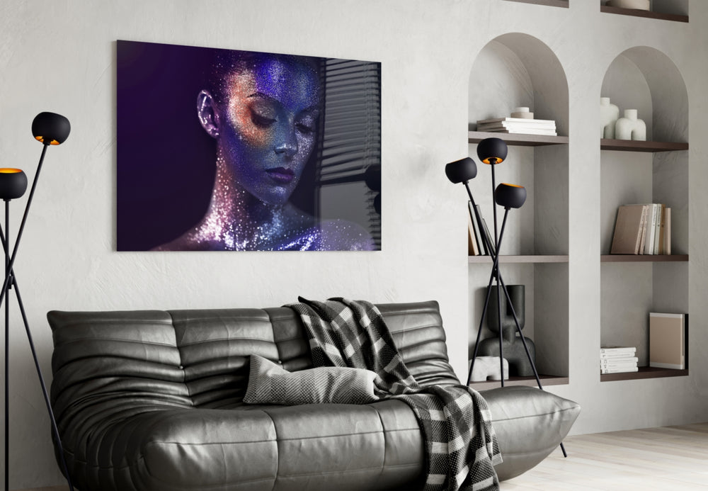 Woman Portrait 42 glass wall art above a modern sofa in a warm neutral living room