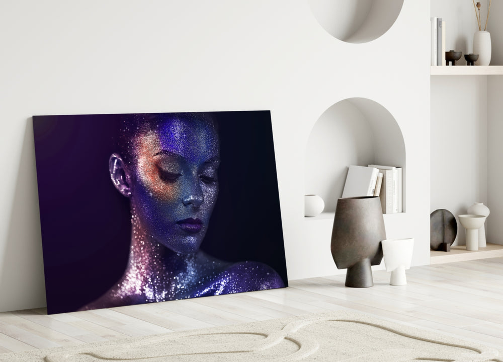 Close-up of the glitter body-art portrait with violet and indigo stardust