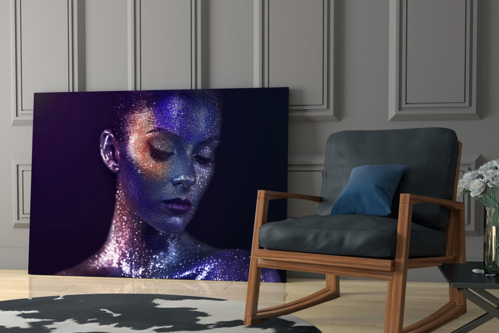 Woman Portrait 42 glass print anchoring the focal wall of an elegant hallway