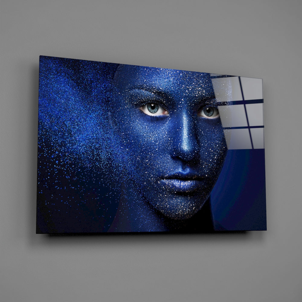 Cobalt-and-glitter portrait bringing celestial mood to a contemporary living space