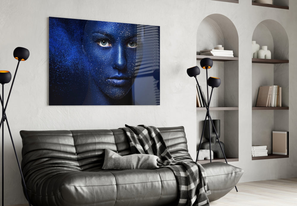 Woman Portrait 43 glass wall art styled above a bed in a celestial-mood bedroom
